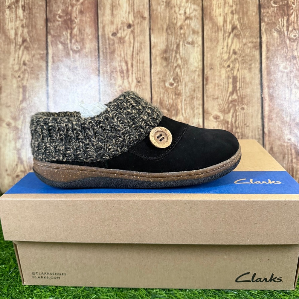 Clarks LB1031-K201 Suede Slippers Womens Size 6 Black Knit Collar Button New